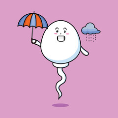 Cute cartoon sperm character in the rain and using an umbrella in flat modern style design