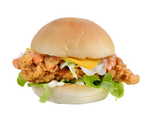 Hamburger with chicken and cheese on transparent png