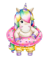 Cute unicorn cartoon with  donut, isolated on white. Watercolor illustration.
