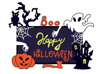 Vector illustration set banner icons happy halloween ghost tree with owl scary hands pumpkin castle