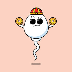 Cute cartoon sperm chinese character holding coin in vector icon illustration