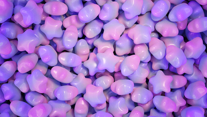Pastel colored stars with soft edges. Rainbow glitter background. 3d render