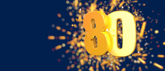Gold number 80 in the foreground with gold confetti falling and fireworks behind out of focus