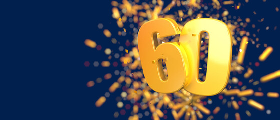 Gold number 60 in the foreground with gold confetti falling and fireworks behind out of focus - obrazy, fototapety, plakaty