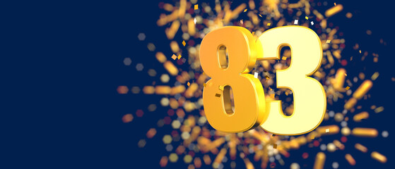Gold number 83 in the foreground with gold confetti falling and fireworks behind out of focus