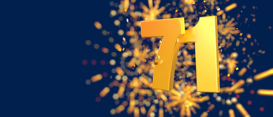 Gold number 71 in the foreground with gold confetti falling and fireworks behind out of focus