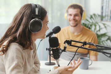 Young speakers doing a live podcast