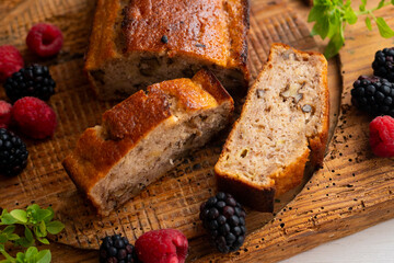 Vegan cake with nuts and red berries.
