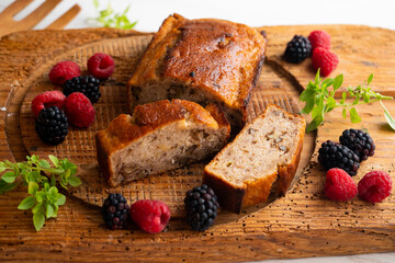 Vegan cake with nuts and red berries.