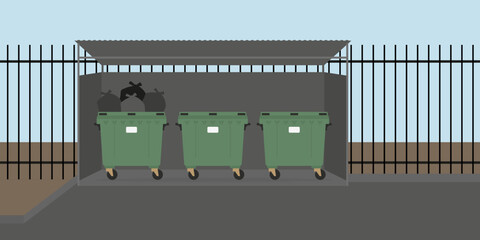 Three trash cans one of which is full under the roof outdoors