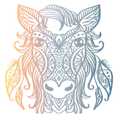 Horse with Indian feathers hand drawing illustration.