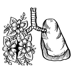 Lungs with flowers hand drawing illustration. Concept design of healthy lungs people
