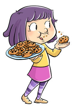 illustration of little girl eating with tray of cookies