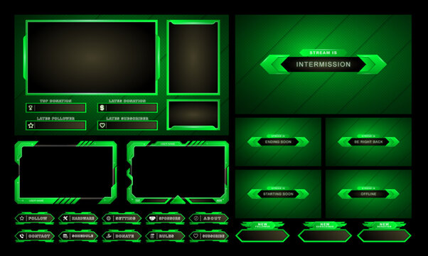 twitch Stream Facecam OBS Template Green Game Modern overlay design Pack.