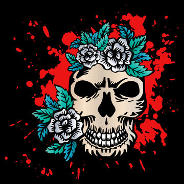 Human skull with roses. Hand drawing illustration. 
