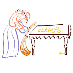 woman from a Biblical parable sweeps the floor trying to find a lost drachma