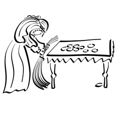 woman from the Bible parable is sweeping the floor trying to find the lost drachma, black outline