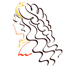 profile of a beautiful girl in a crown with long dark hair, a colorful sketch on a white background