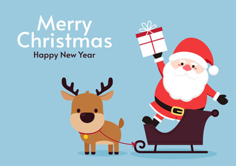 Fototapeta na wymiar Merry Christmas and happy new year greeting card with cute Santa Claus, deer, gifts. Holiday cartoon character in winter season.