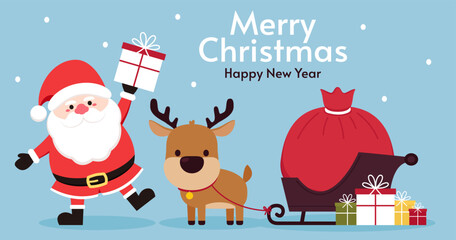 Merry Christmas and happy new year greeting card with cute Santa Claus, deer, gifts. Holiday cartoon character in winter season.