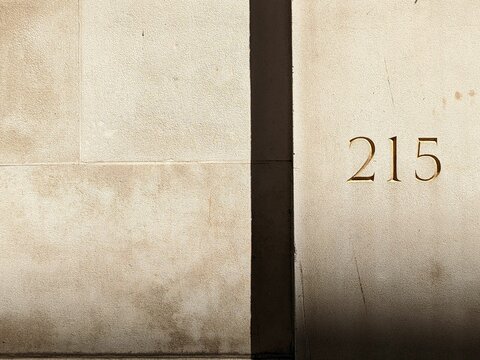 Closeup shot of 215 carved into a sandstone building