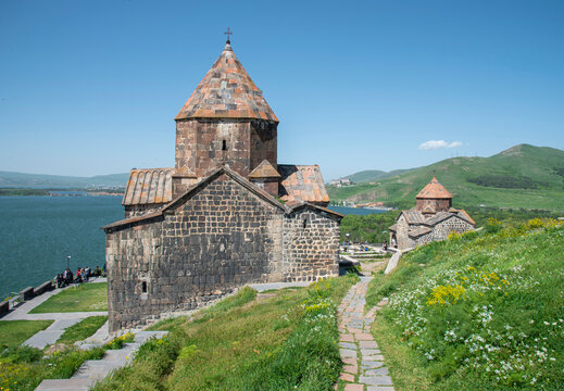 Armenia, Gegharkunik region, Sevanavank Monastery located on the Sevan Peninsula on the shore of Lake Sevan, Tourists visit