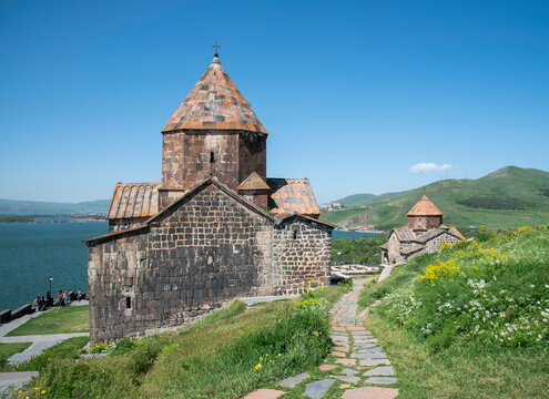 Armenia, Gegharkunik region, Sevanavank Monastery located on the Sevan Peninsula on the shore of Lake Sevan, Tourists visit