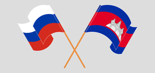 Crossed flags of Russia and Cambodia. Official colors. Correct proportion
