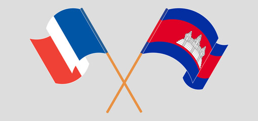 Crossed flags of France and Cambodia. Official colors. Correct proportion