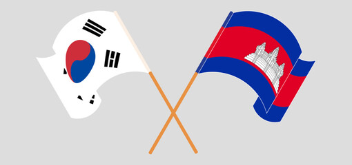 Crossed flags of South Korea and Cambodia. Official colors. Correct proportion