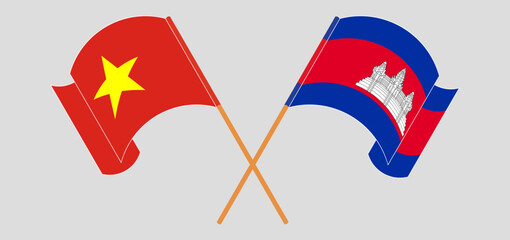 Crossed flags of Vietnam and Cambodia. Official colors. Correct proportion