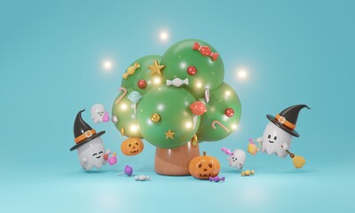 3D Rendering of tree with candy ghost and pumpkin concept of Halloween background. 3d render cartoon style.