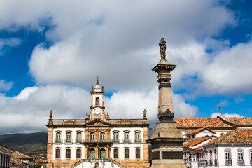 Fototapeta na wymiar View of houses and monument around the central square of Ouro Preto, State of Minas Gerais, Brazil.