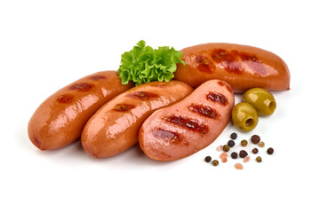 Fried sausages, isolated on white background.