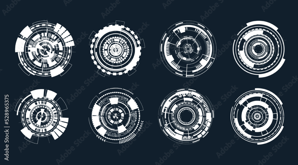 Poster Set of User Interface white HUD futuristic style.Abstract circles, geometric shapes, advanced technology segmentation, digital technology on a dark blue background.