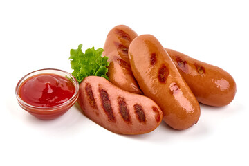 Fried sausages with tomato sauce, isolated on white background.