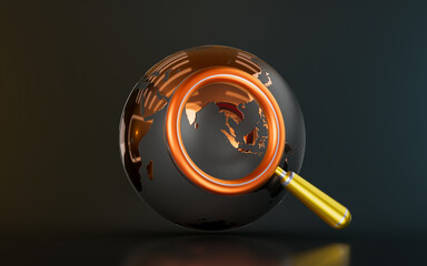 globe sign with magnify glass on dark background 3d render concept for searching place