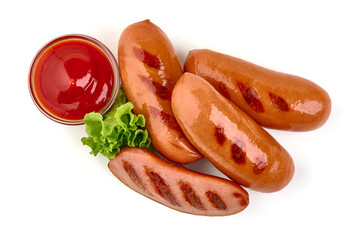Fried sausages with tomato sauce, isolated on white background.
