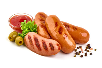 Grilled sausages, barbecue dishes, isolated on white background.