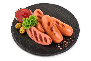 Roasted sausages with tomato sauce, isolated on white background.