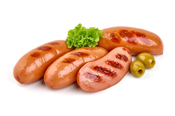 Grilled sausages, barbecue dishes, isolated on white background.