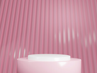 Naklejka na ściany i meble Pink cylinder podiums may be seen in the backdrop. Scene with abstract geometrical minimalism Cosmetics displayed on a modern pedestal. Make a model of a blank space. A studio platform design template