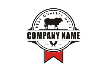 Angus cow with Crossed Cleaver Knife for Vintage Retro Butcher shop label logo design