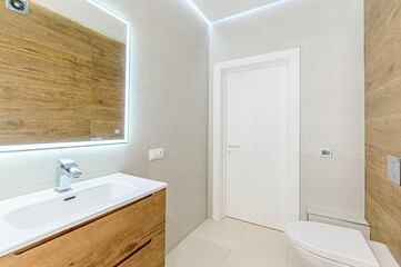 Russia, Moscow- May 21, 2020: interior apartment room bathroom, sink, decorative elements, toilet