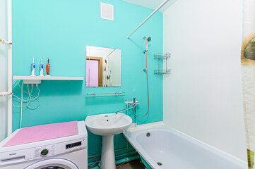 Russia, Moscow- May 21, 2020: interior apartment room bathroom, sink, decorative elements, toilet