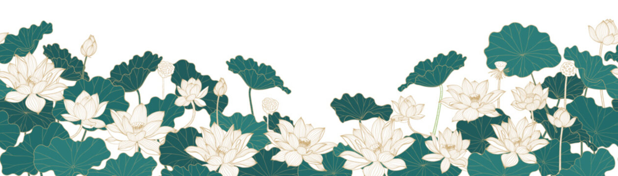 Luxury gold lotus background vector. Zen wallpaper with golden lotus flower, leaves in gold line art. Luxury botanical illustration design for yoga banner, invitation banner, product packaging.