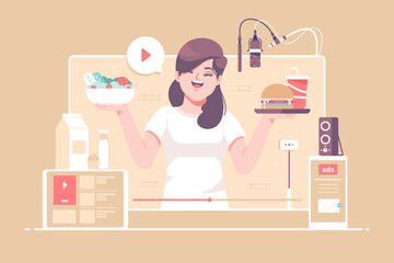 hand drawn mukbang means eating broadcast concept illustration background