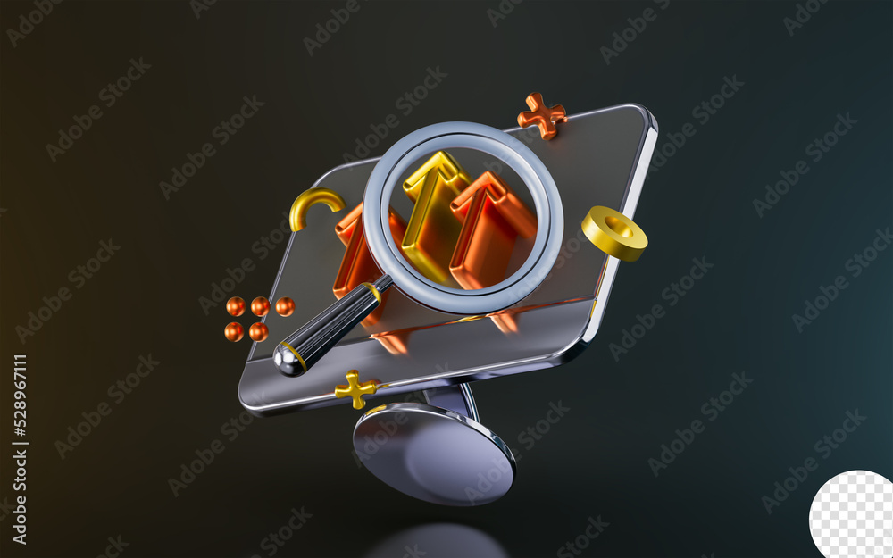 Wall mural computer monitor with magnify glass up arrow sign on dark background 3d render concept for analysis