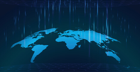 World map, Blue background with technology graphic