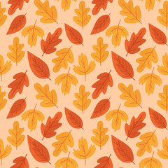 Orange and yellow leaves. Print with autumn motifs. Natural background with oak leaves.